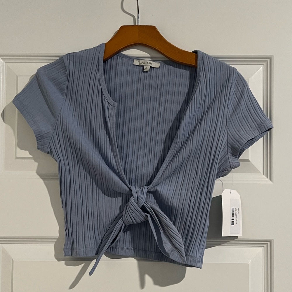 NWT Love Tree Blue Front Tie Ribbed Cropped Tee Size Large